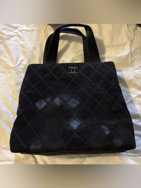 CHANEL Quilted Suede Tote in Black with Gold CC
